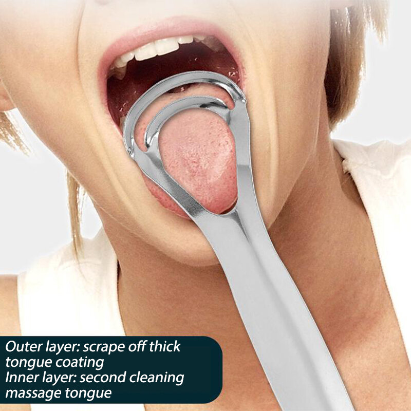 Pengikis lidah Stainless Steel, alat pembersih lidah dua lapisan, pembuka besar, Pembersih lapisan lidah, alat pembersih lidah mulut