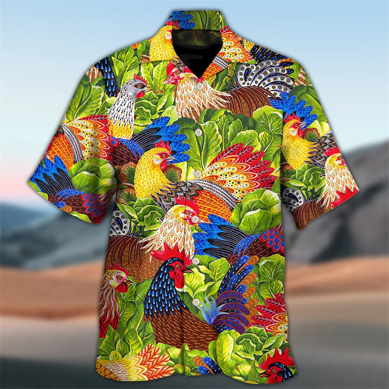 최신 루즈 통기성 3D 프린트 트렌디 쿨 패션 치킨 셔츠, 해변 하와이안 상의, 반팔, 여름 남성 티