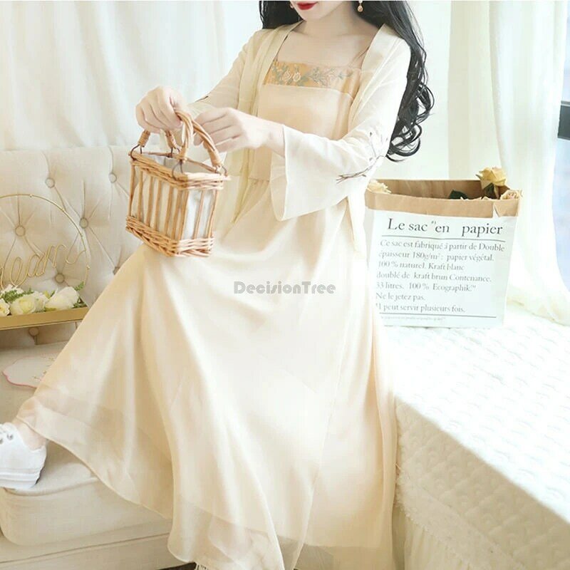 2024 chinese style exquisite embroidery improved ancient hanfu suit daily solid color suspended gauze dress fairy chiffon shawl