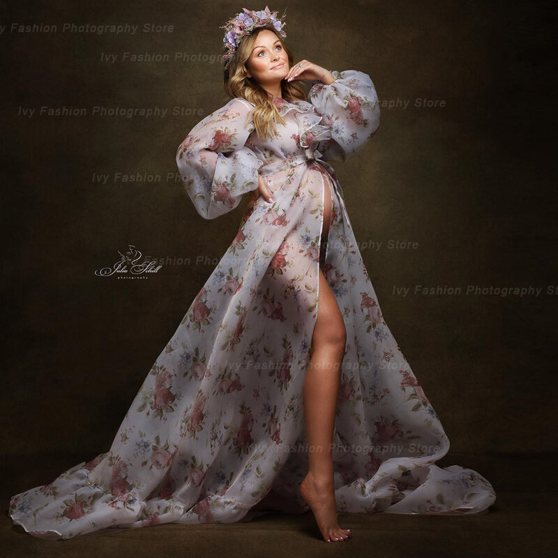 Sukienka ciążowa dla sesja zdjęciowa z nadrukiem z kwiatowym wzorem z szyfonu sukienka z falbanką kochanie wieczorowe sukienki fotograficzne dla kobiet