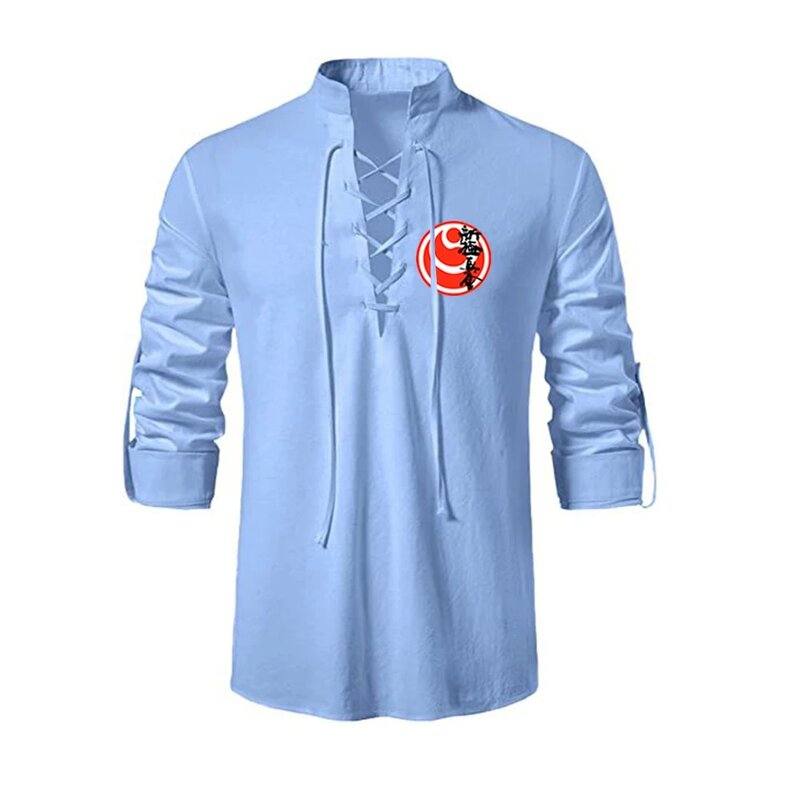 Kyokushin Karate 2024 New Men's Brand Spring and Autumn Casual Fashion Frenulum Collar Cotton Linen Long Sleeve Printing Tops