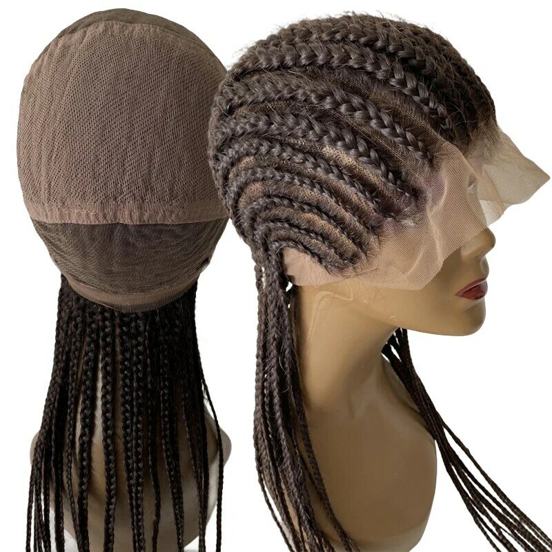 Kepang jagung 32 inci rambut manusia Virgin India rambut sintetis kepang jagung warna hitam 180% kepadatan wig renda penuh Swiss