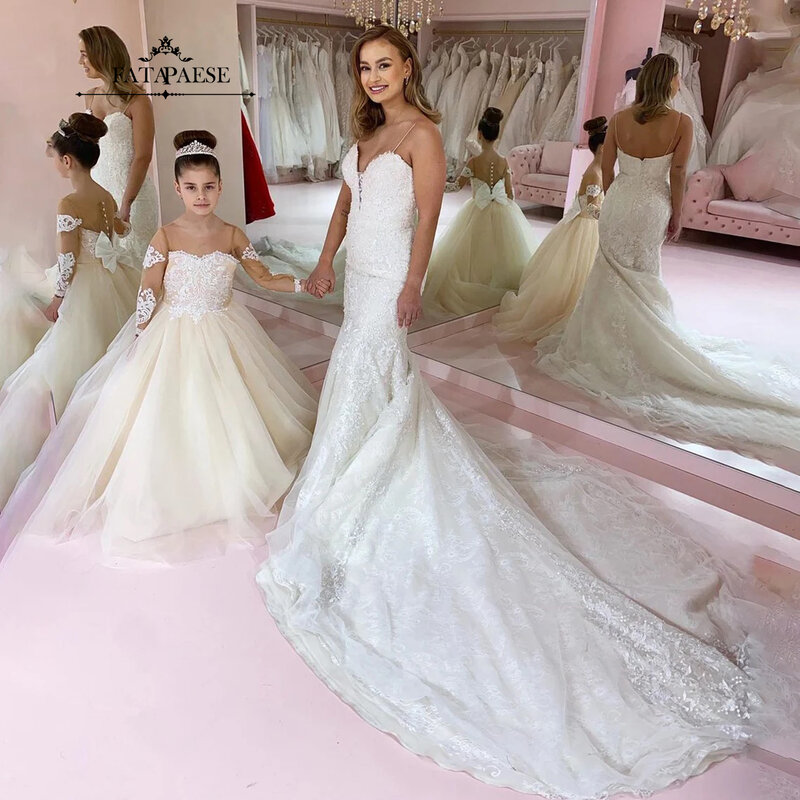 FATAPAESE-Flower Girl Dress for Kids, Renda, Tule Bow, Ilusão, Casamento, Dama de honra, Vestidos, Princesa Comunhão, Vestidos de baile