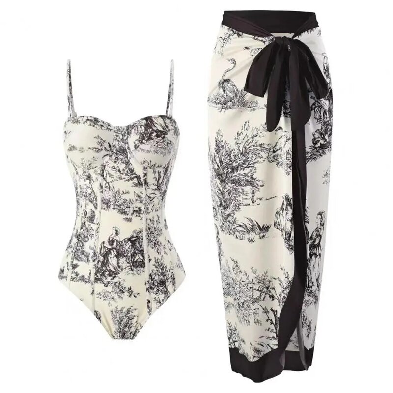 Conjunto de maiô estampado floral feminino, moda praia com controle de barriga, saia com cordões, monokini de peça única com tampa de praia
