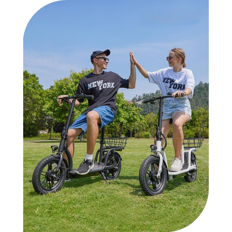 Scooter elétrico com assento, carry basket para adulto, bicicleta elétrica, 14 em pneu pneumático, 19 Miles Range, 15.5mph, 350W Motor