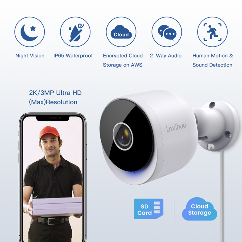 Наружная IP-камера Laxihub 1080P, инфракрасная цилиндрическая камера видеонаблюдения с ночным видением, водонепроницаемость IP65, Wi-Fi, 2 МП