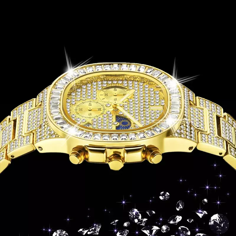 Reloj de negocios de oro de 18K para hombre, cronógrafo de estilo Hip Hop con diamantes brillantes, resistente al agua, fase lunar