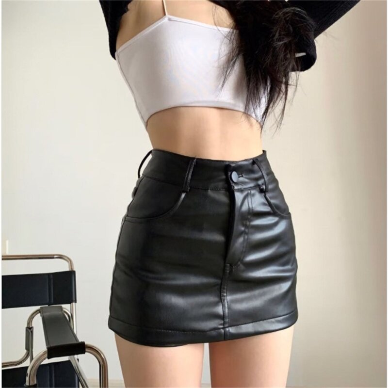 Y2K Streetwear Minigonna sexy in pelle PU nera per donna aderente a