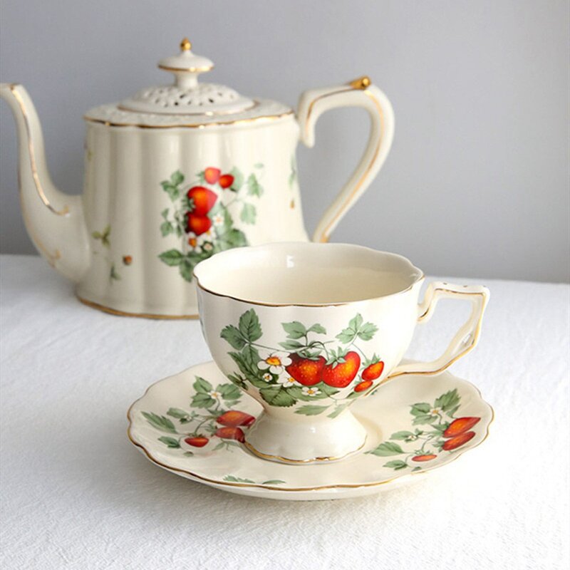 French Retro Teapot Coffee Cup Set Gold Edge Cup Saucer Flower Big Teacup English Afternoon Tea Cup B