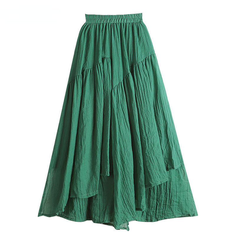 Irregular Skirts for Women Green Casual Elastic High Waist Skirts Vintage A-line Slim Elegant Mid Length Skirt New Summer 2024