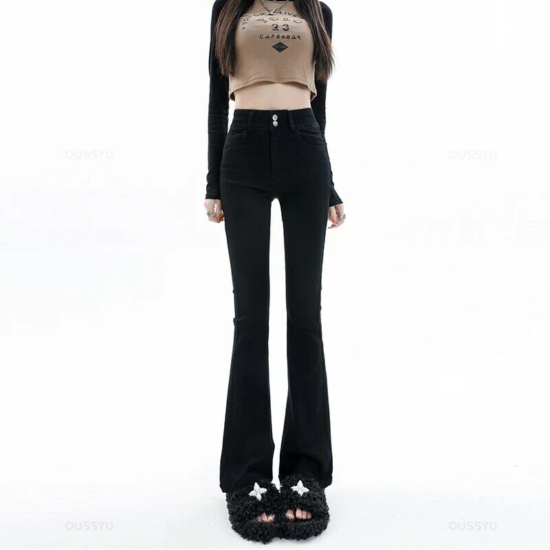 Женские джинсы, хлопковые расклешенные брюки, эластичные винтажные уличные брюки с высокой талией в стиле Харадзюку, брюки большого размера