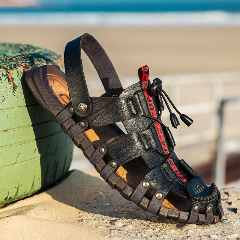 Sandálias masculinas de couro microfibra respirável, sapatos camuflados ao ar livre, chinelos de praia, moda verão