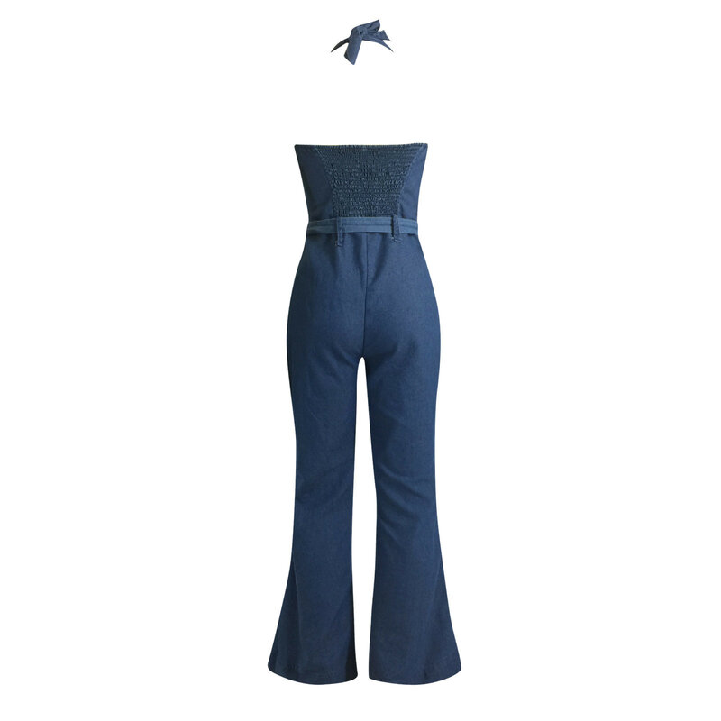 New Women Casual Jumpsuits Denim Playsuit Sleeveless Belt Halter Jumpsuit Elegant Summer Flare Jeans Pants Lady Rompers Overalls