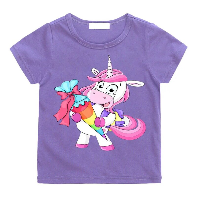 Camiseta con estampado de unicornio para niña, Blusa de manga corta con estampado de dibujos animados, moda de verano para jóvenes, Tops de alta calidad, 2024