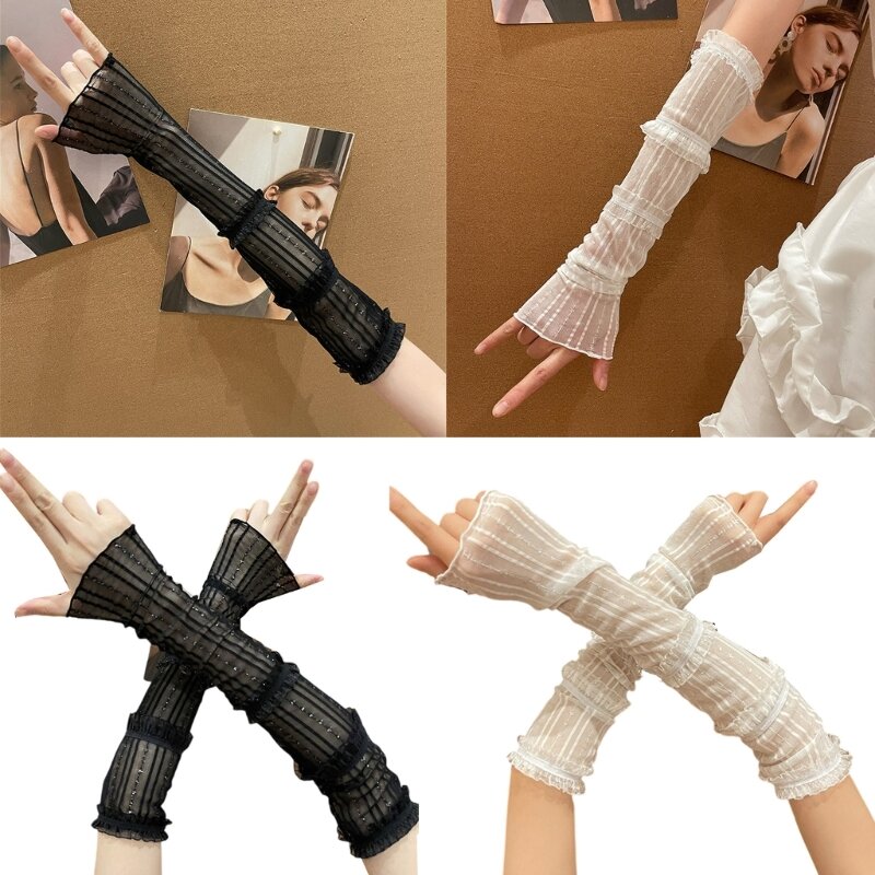 Arm Sleeves for Beach Getaways Holiday Sunproof Gloves with Pleated Lace Trim Women Elastic Driving Long Sunproof Gloves