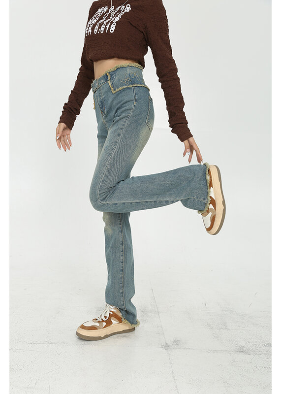 Женские джинсы с бахромой, голубые расклешенные брюки с высокой талией, большие размеры, модные эластичные джинсовые брюки с широкими штани...