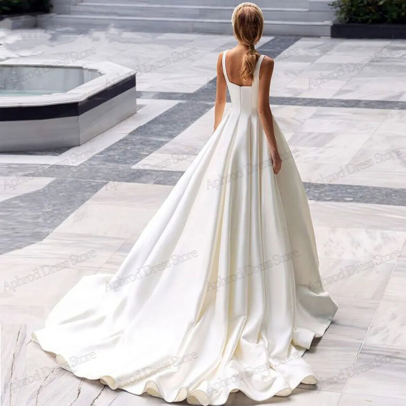 우아한 웨딩 드레스, 간단한 신부 가운, 스퀘어 칼라, 새틴 가운, 격식 있는 파티용 스파게티 스트랩, 2024