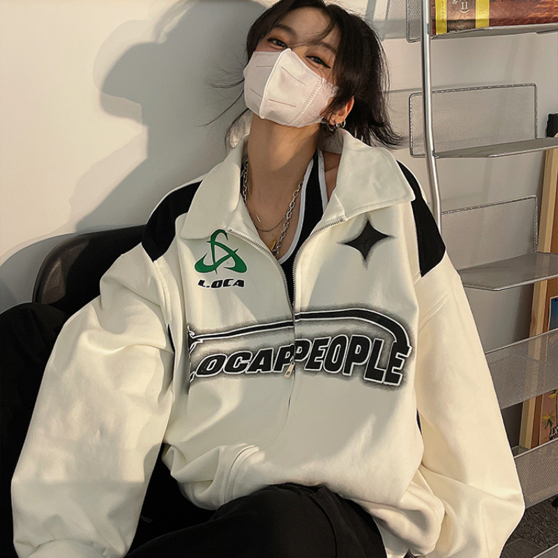 Jaket Ritsleting Motif Huruf Korea, Ukuran Besar Kasual Tren Amerika Retro Jalanan Hip Hop Jaket untuk Wanita Mantel Y2K