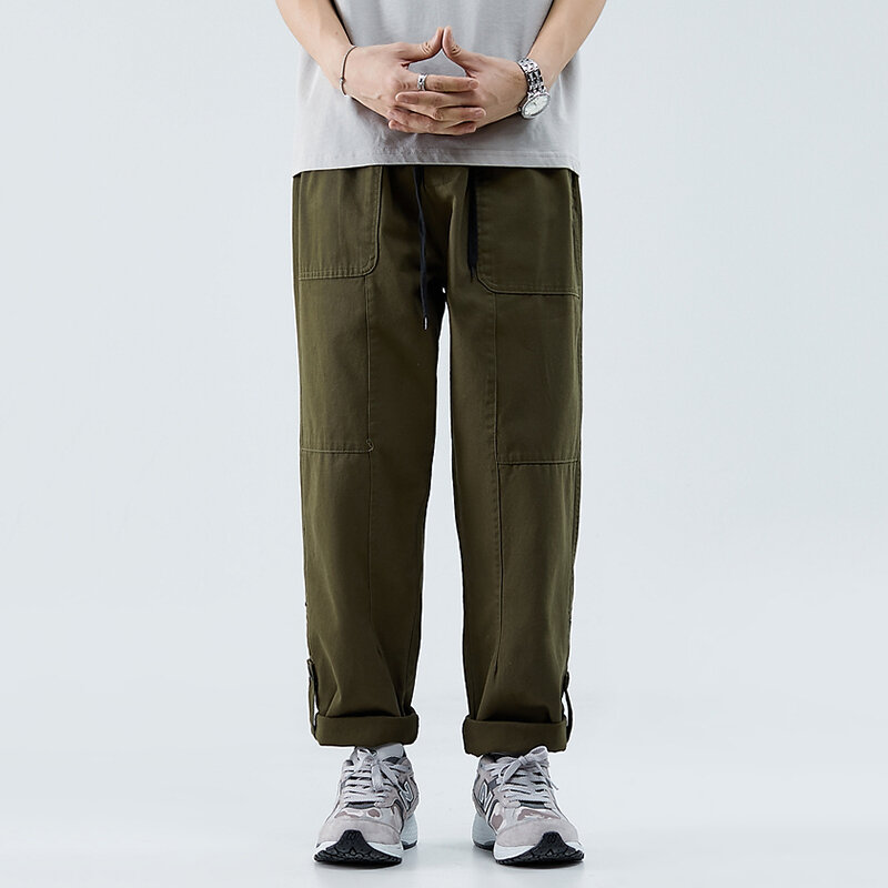 REDDACHIC-Calças retrô masculinas com rolagem verde, cordão casual sólido, elástico na cintura, retalhos, calças retas de perna larga, desgaste do trabalho
