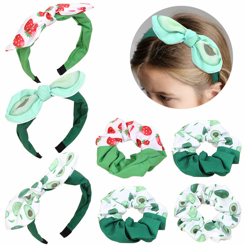2 Stück Mode Avocado Print Haar bänder elastische Gummi Haar Reifen Mädchen Pferdes chwanz Halter Haar gummis Erdbeer Stirnbänder für Kinder
