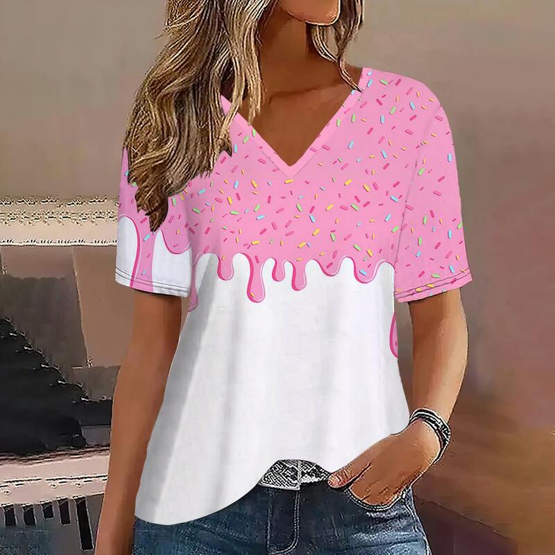 Женская футболка с градиентным V-образным вырезом, модная футболка с коротким рукавом, базовый топ с цветным принтом, уличная одежда, летняя Свободная Женская одежда