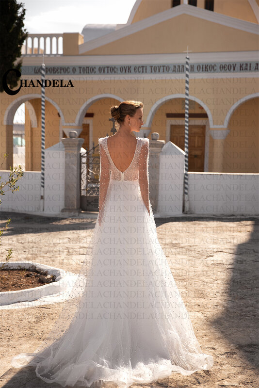 Очаровательные свадебные платья CHANDELA с длинным рукавом, V-образным вырезом, открытой спиной и аппликацией, 2023, свадебное платье невесты на заказ