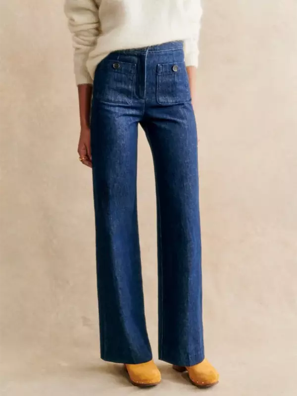 Pantalones vaqueros rectos de pierna ancha para mujer, pantalón de Color sólido con cremallera y bolsillos de cintura alta, novedad de 2024