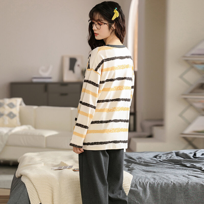 100% Cotton New 2 Pcs Pajamas for Women with Long Sleeves Pant Spring Autumn All Cotton Sleepwear with Striped Casual Home Suit