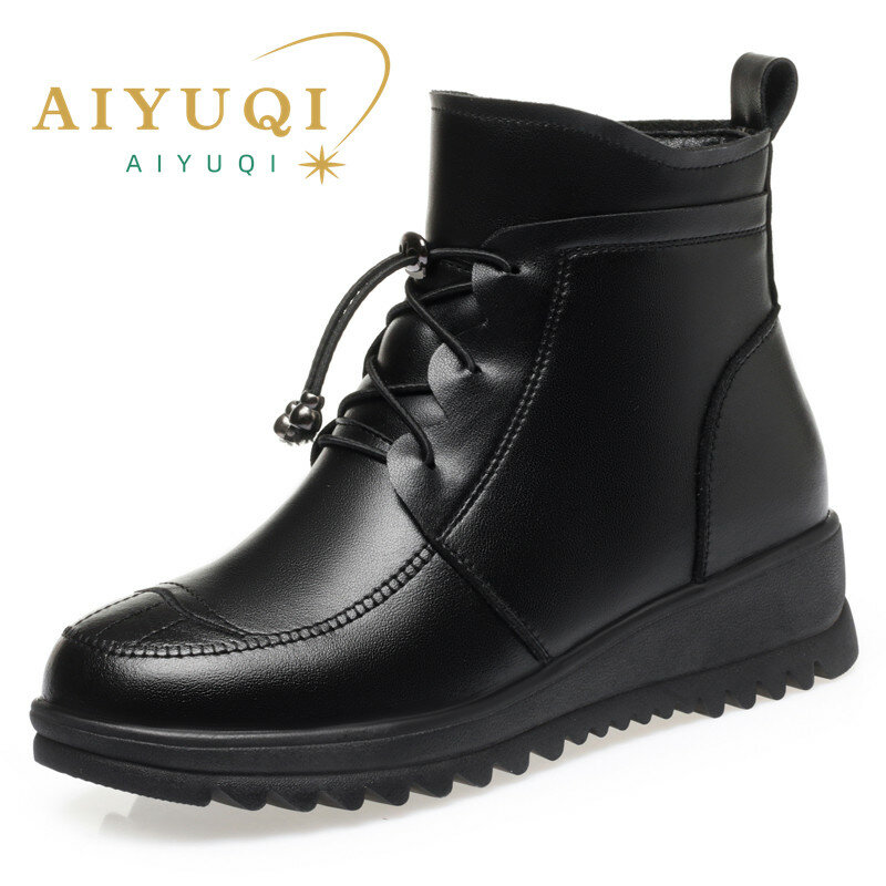 AIYUQI-Botas femininas de couro genuíno, botas casuais de neve para mamãe, tamanho grande, dedo do pé redondo, inverno, novo, 2022