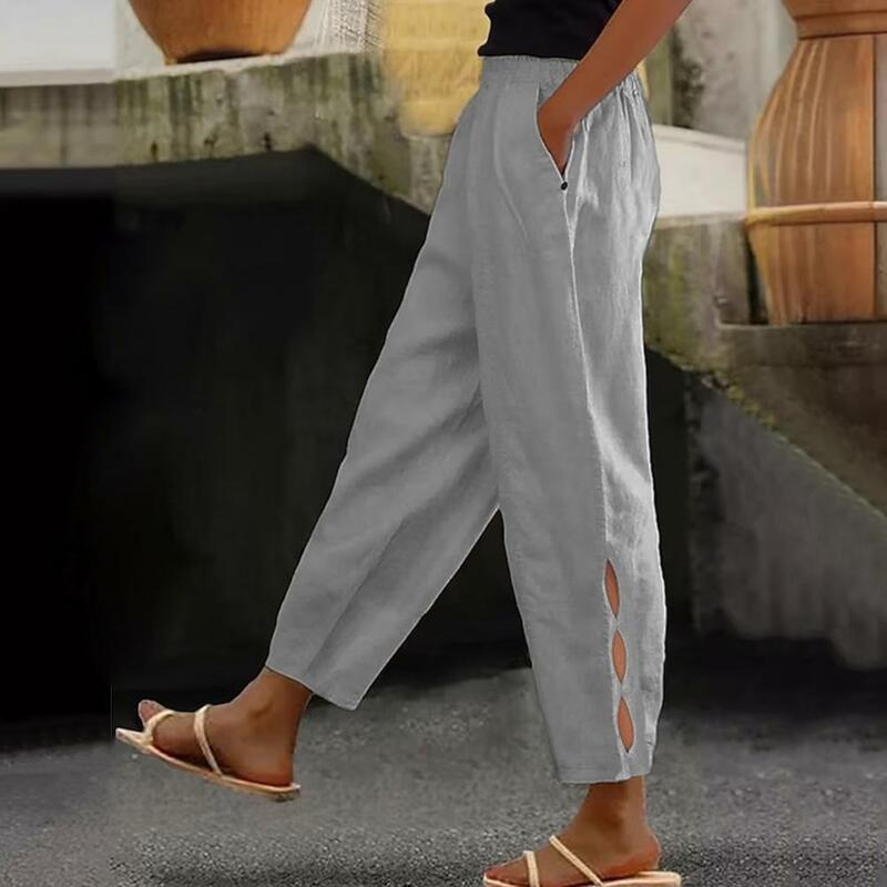 Women Solid Color Pants Stylish Women's Summer Pants with Elastic Waist Mid-rise Fit Side Hollow Design Solid Color for Casual