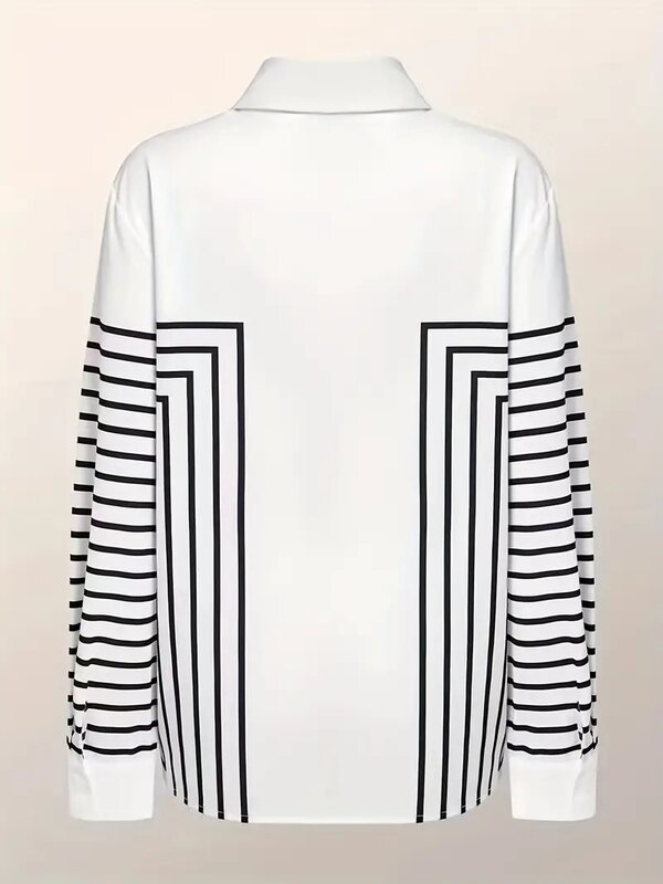 Camisa de botão feminina com estampa de linha, blusas elegantes, primavera e verão, roupas femininas plus size, preto e branco, 2024