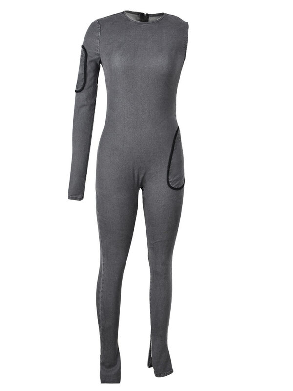LW Jumpsuit polos Romper kasual, bodysuit trendi elastis potongan bot ketat Skinny satu lengan