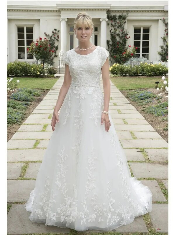 New Women Wedding Dress O-Neck Short Sleeves A-Line Tulle Floor-Length Wedding Party Dress Vestidos de novia 2024 Prom Dresses