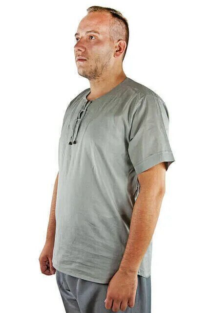 IQRAH Bike Collar Casual Cut Short Sleeve Linen Shirt-Smoked