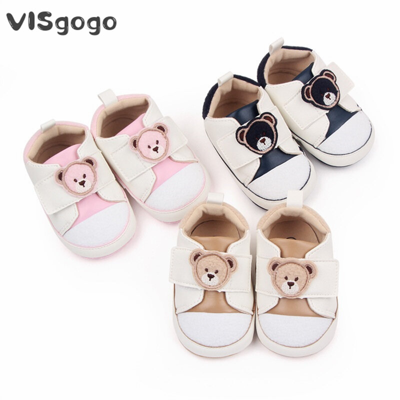 VISgogo-zapatos antideslizantes para bebé, zapatos adorables con patrón de cabeza de oso de dibujos animados, para primeros pasos, para el hogar y al aire libre