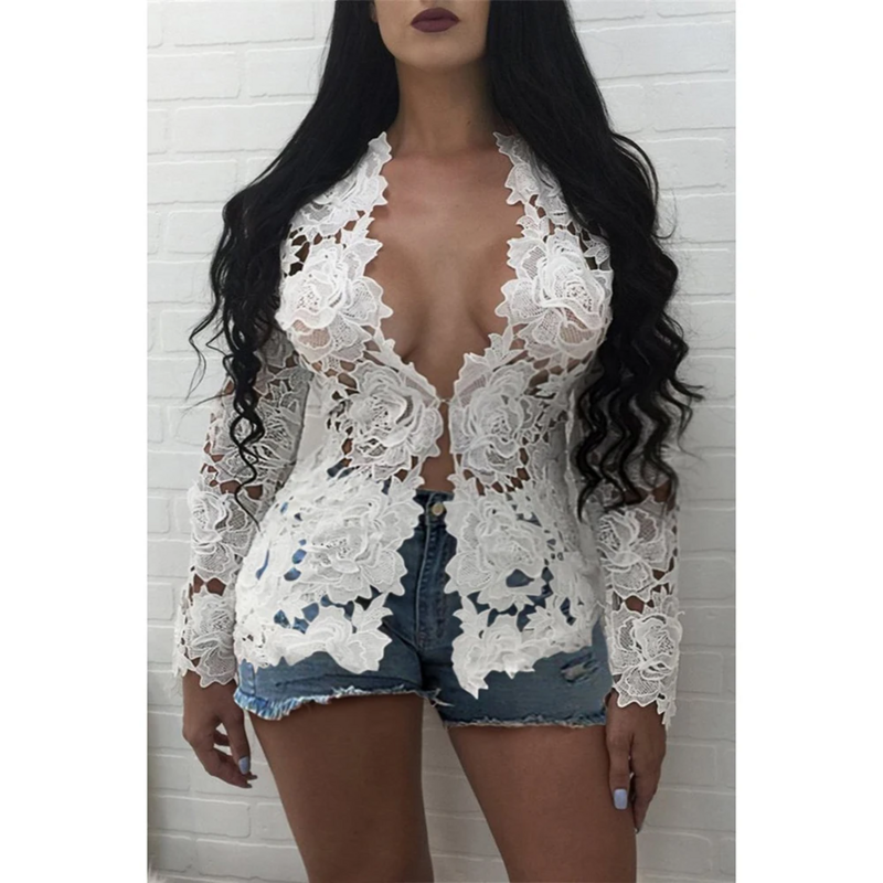 Plus Size White Guipure Long Sleeves Lace Blouse