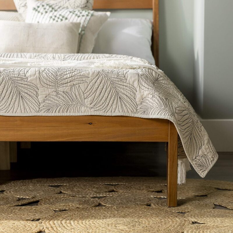 Plate-forme de lit Queen en bois moderne du milieu du siècle, planche de sauna, pied de lit, cadre de chambre Queen, caramel