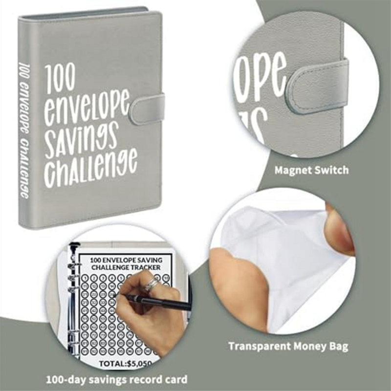 Carpeta de desafío de sobre 100, carpeta de presupuesto de ahorro de dinero A5, ahorra 5.050 con el desafío de ahorro de dinero gris