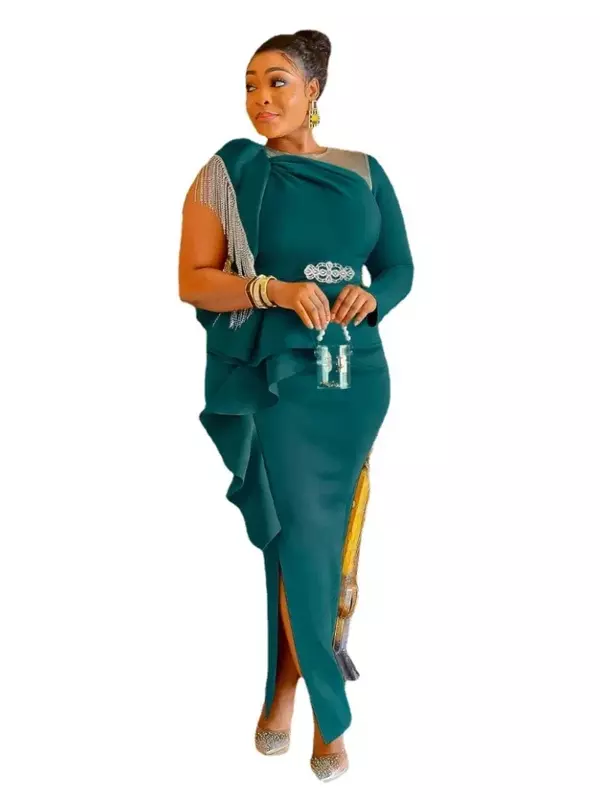 S-5XL เดรสยาวสำหรับผู้หญิงแอฟริกันชุดเดรสยาวผ้าโพลีเอสเตอร์สีเขียวเข้มสีเหลืองสำหรับฤดูร้อน