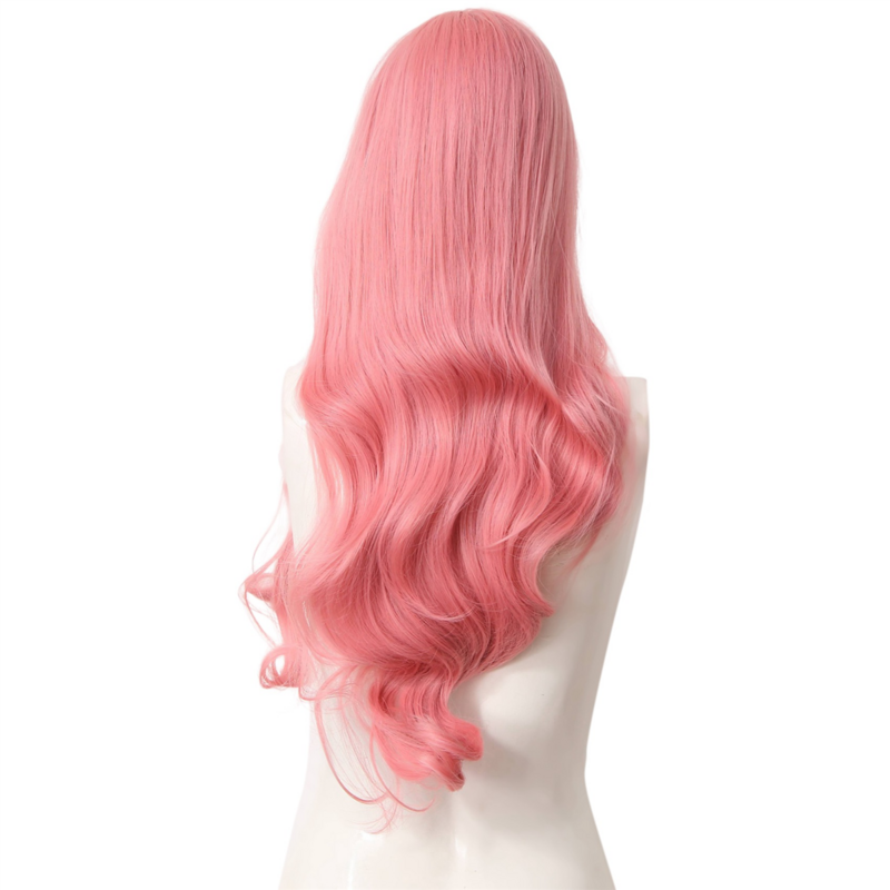 Wig Pink asap poni bergelombang panjang, Wig serat sintetis realistis, digunakan untuk bermain peran, pesta topeng, Natal, Halloween