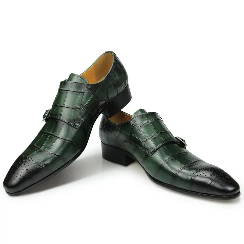 Genuine Leather Men Casual Double Monk Strap Crocodile Print Fashion Retro Pointed Toe Classic Loafer Office Shoes for Men Green