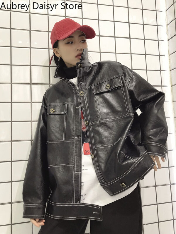 Chaqueta de cuero negro coreano para mujer, ropa de calle Harajuku, chaqueta de Moto suelta, ropa de calle Vintage Punk, abrigo de motorista, 2022