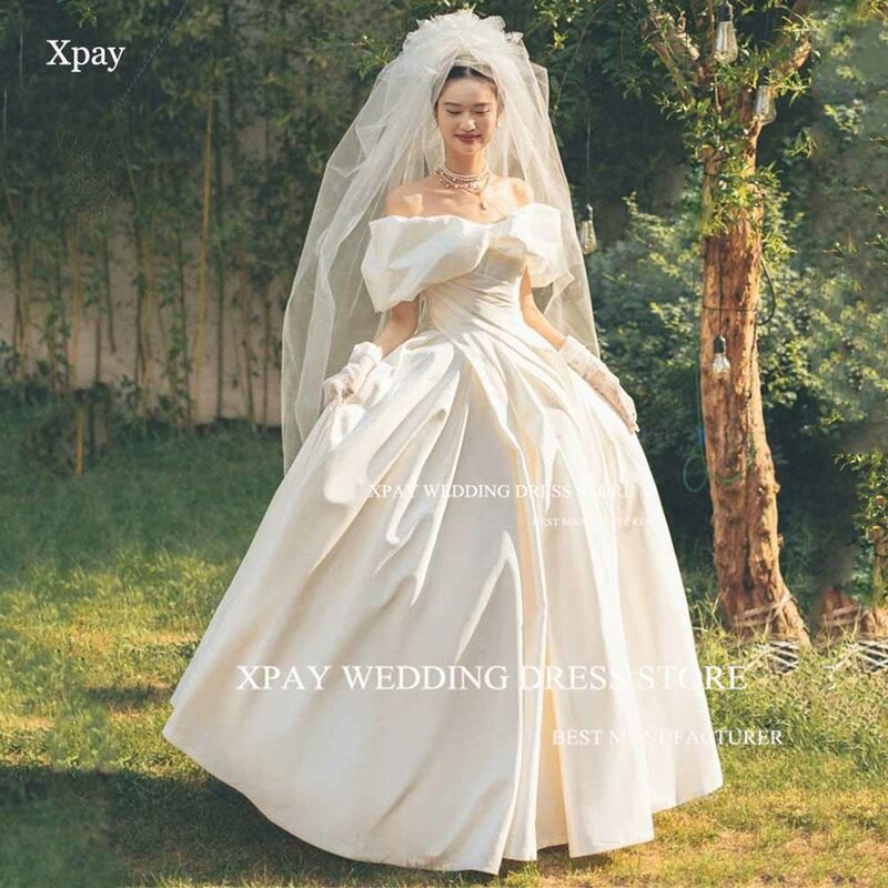 XPAY-Off فستان زفاف مع قفازات ، فساتين زفاف بخط كوري ، طية ساتان أنيقة ، فستان عروس بدون ظهر ، صور للتصوير