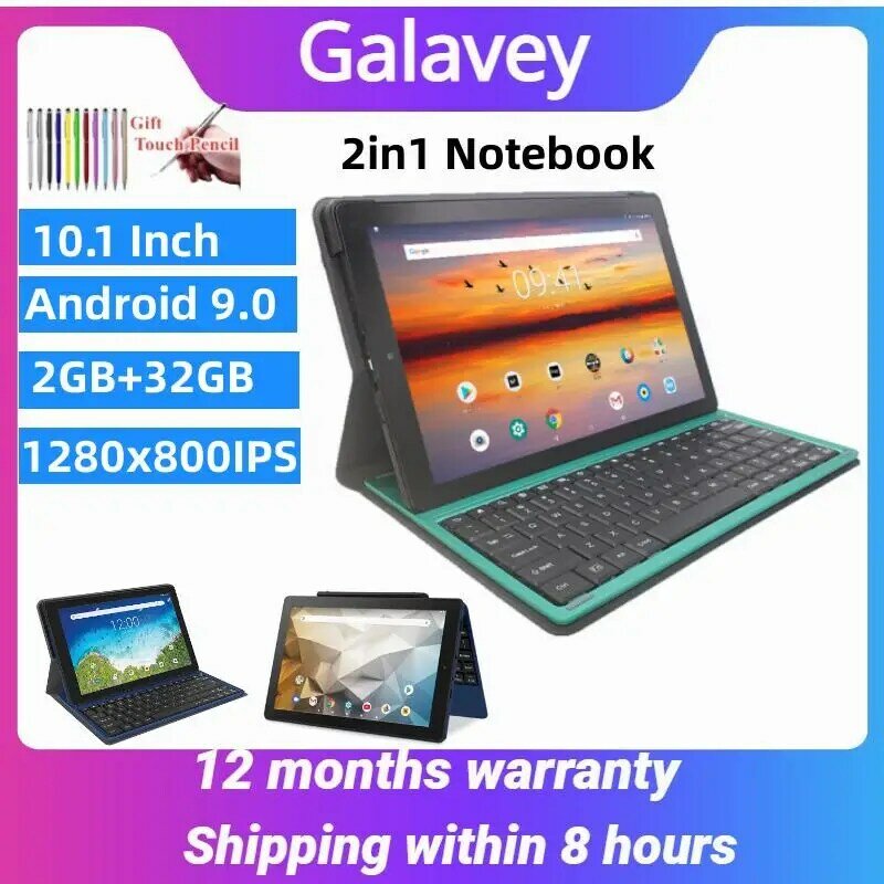 Tableta 2 en 1 de 10,1 pulgadas, Tablet con Android 9, 2GB de RAM, 32GB de ROM, 1280x800, IPS, compatible con Bluetooth, cámaras duales con teclado