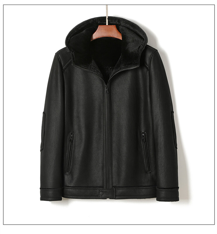 2023 Hooded Merino Sheepskin Shearling Fur Clothes Men Winter Good Quality Black Genuuine Leather Coats