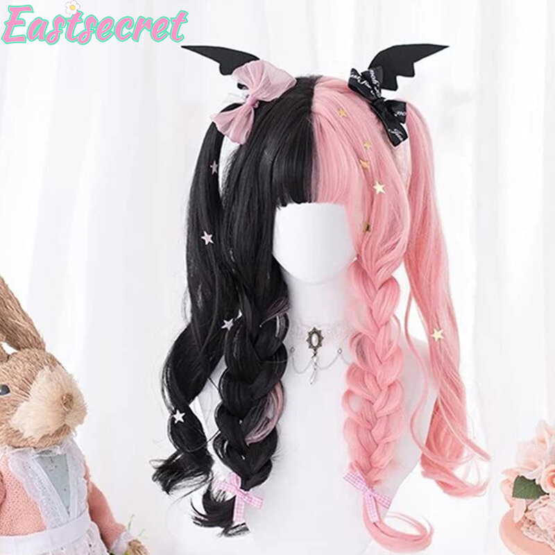 EASTSECRET-peruca longa ondulada de Lolita para meninas, RPG bonito, preto e rosa, fêmea, 60cm