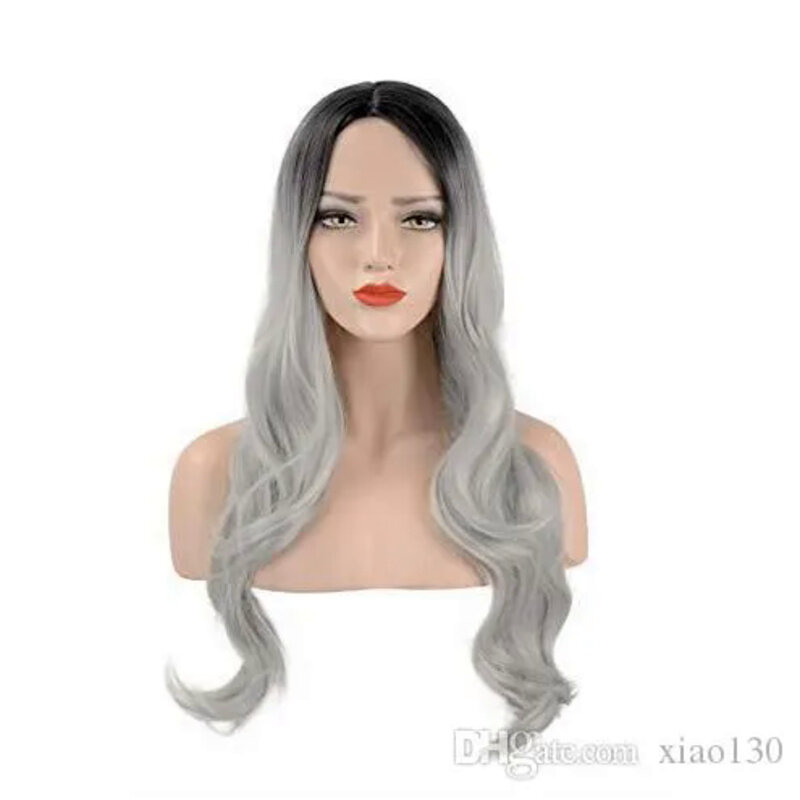 FESHFEN Ombre Long Natural Curly Wig Two Tones Fiber Synthetic Bla To Grey Wig