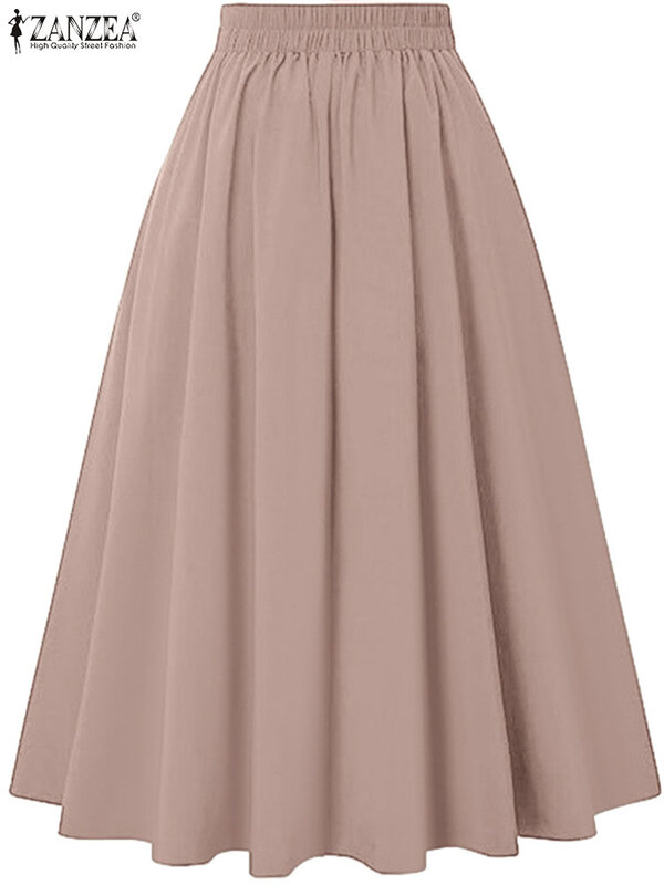 Летняя плиссированная юбка ZANZEA 2024 на пуговицах с завышенной талией, женская модная юбка макси, однотонная трапециевидная юбка