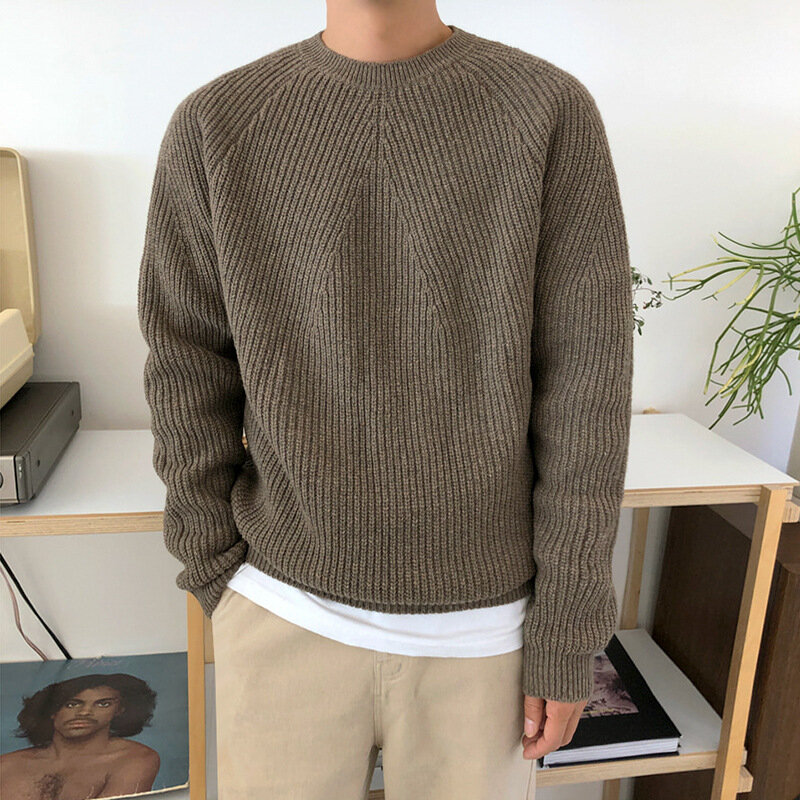 Round neck sweater, men's solid color knit shirt, Korean version trend, loose bottomed  autumn and winter new outerwear