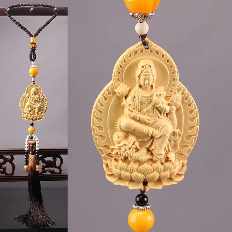 Wood Carving Buddha Statues Car Rear View Mirror Pendant Jewelry Guanyin Pao Ping An Fu High-end Schoolbag Mobile Phone Pendant